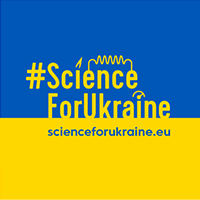napis Science for Ukraine na tle ukraińskiej flagi